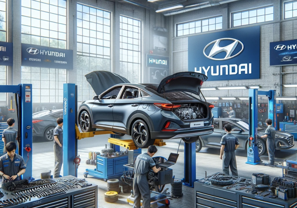 DALL·E 2023-12-11 14.16.17 - Create a realistic digital image of a car workshop featuring the Hyundai brand. The workshop is busy with mechanics in grey and blue uniforms working